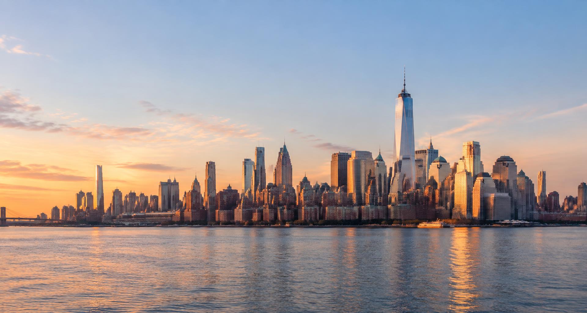 New York’s skyline across the water at sunset